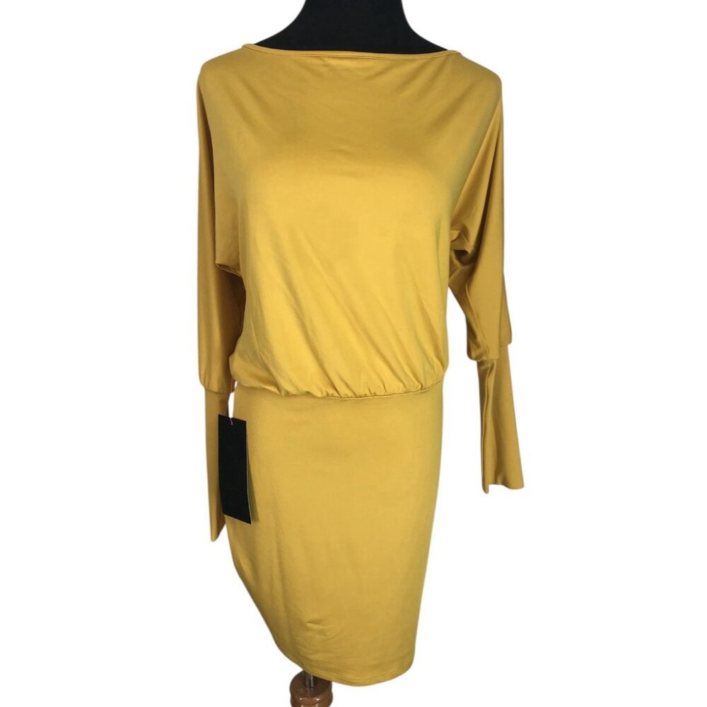 Bebe Dress Womens Size Small S Yellow Off Shoulder Slinky Stretch